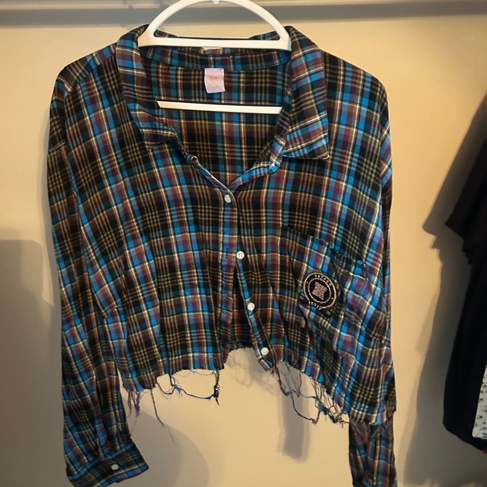 Savage X Fenty Tied Up Tartan Raw Hem Cropped Flannel Pajama Shirt